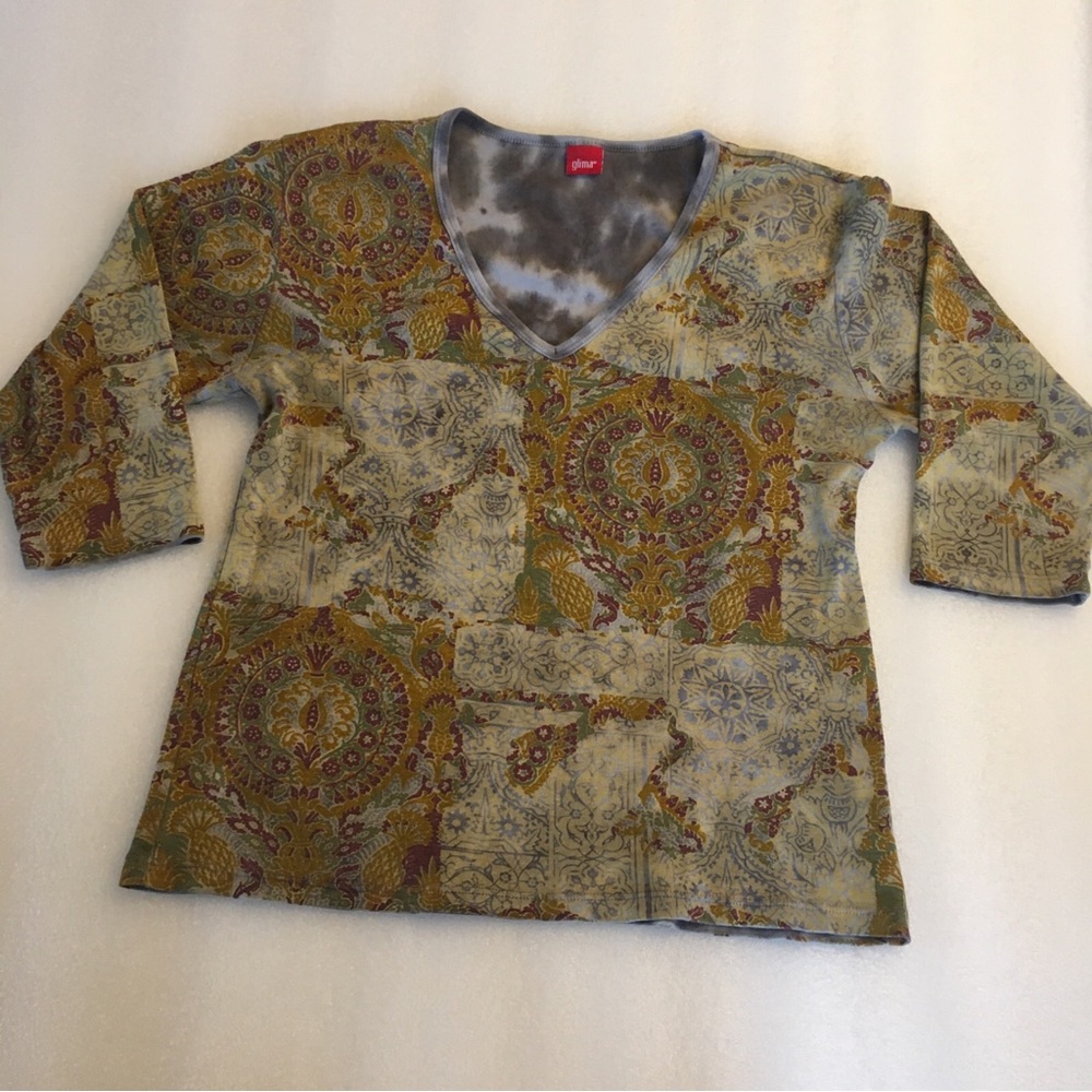 Glima Women’s- L-3/4 Sleeve Gold/Blue/Burgundy Print-V Neck Top-Cotton- USA-BOHO